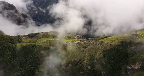 Machu Picchu Peru Aerial v7 Birdseye view flying away from ancient ruins