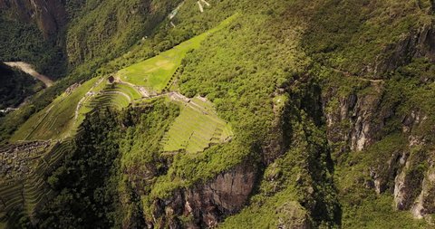 Machu Picchu Peru Aerial v11 Birdseye view flying around ancient ruins panning up