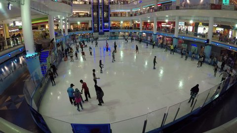 SELANGOR, MALAYSIA - AUGUST 14, 2017: A footage of visitor plays ice skating in the Sunway Pyramid. It is Malaysia's first themed shopping and entertainment mall in an Egyptian design.