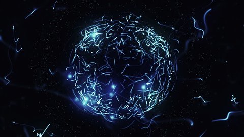 Blue sphere in space with glowing particles. Abstract background. Loop video. Seamless. Beautiful background with particles. Isolated sphere on black background with particles