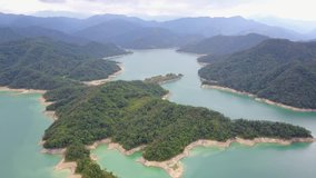 4K video of aerial view of the beautiful Crocodile Island, Qiandao Lake at Shiding District, New Taipei City, Taiwan