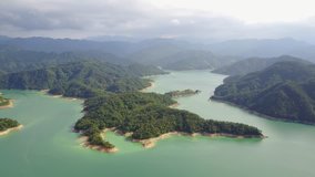 4K video of aerial view of the beautiful Crocodile Island, Qiandao Lake at Shiding District, New Taipei City, Taiwan