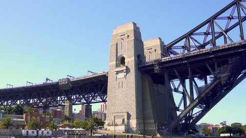 Sydney Australia July 2017: Passenger view from commuter passenger ferry as a train passes over the iconic huge Sydney Harbour Bridge on a sunny day.