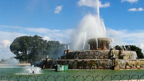 Buckingham Fountain Chicago Illinois Water Spraying Into Sky
