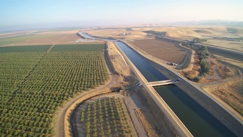 Aerial view of California farms over the California aqueduct.