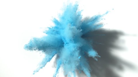 Colorful powder/particles fly after being exploded against white background. Shot with high speed camera, phantom flex 4K. Slow Motion.