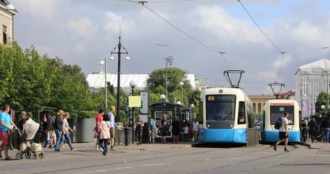 Gothenburg, Sweden - August 02 2017: Blue tram departs from the stop in the centre of Gothenburg
