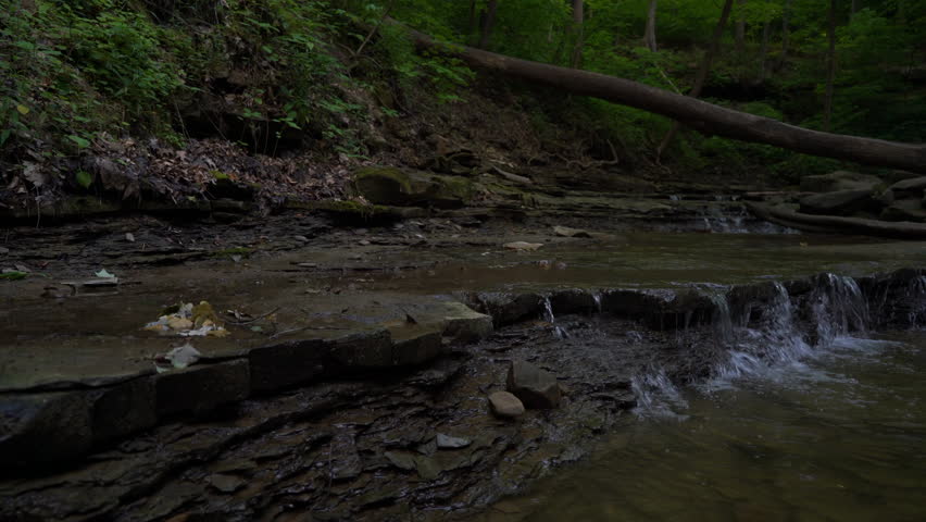Camera panning across small waterfall over shale
