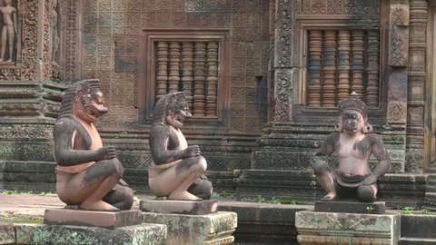 SIEM REAP, CAMBODIA - JUNE, 30 2017: close up of hindu deity statues at banteay srei temple in angkor, cambodia