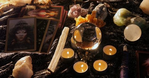 NEW YORK, CIRCA 2017: Soothsayer clairvoyant psychic medium tarot card reading with crystal ball
