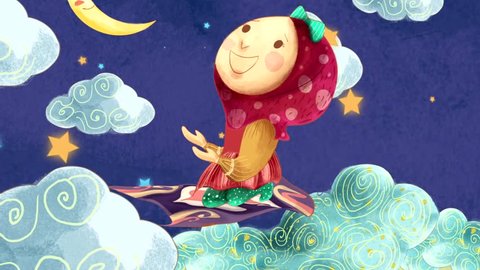 Funny and cute muslim girl praying and flying up around the clouds. Stars, moon, clouds, and flying sajadah as a background.