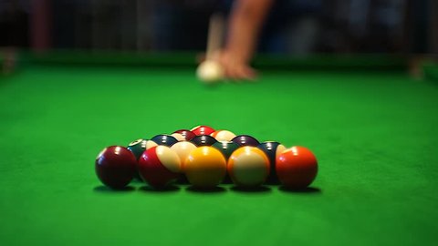 High definition montage of man playing billiard (snooker)/Snooker player. Player preparing to shoot, hitting the cue ball and hit red ball. First shot.Ball goes through the hole. 