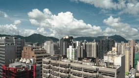 Hong Kong - August 2017: Aerial view time lapse of city in Mong Kok area of Kowloon. High rise buildings with mountains in background. 4K resolution