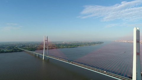 aerial shoot video of jiujiang cable-stayed bridge with the yangtze river, China