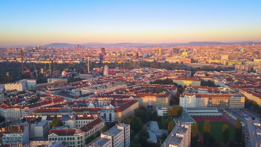 vienna aerial view of prater amusement park and city center at sunrise Royalty-Free Stock Footage #30425395
