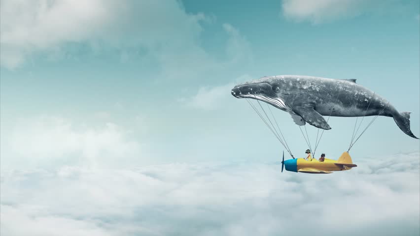 Travel concept. Whale floats in the air above the clouds carrying children in a yellow airplane. Royalty-Free Stock Footage #30434500