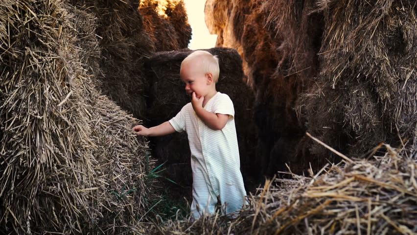 A cute little boy in haystacks - shows something and smiles
