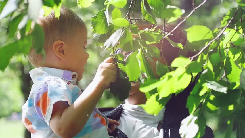 Happy grandmother wearing glasses and little grandson enjoying sunny day in the park in slow motion. Happy childhood. 1920x1080