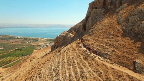 Israel Aerial drone of Mount Arbel in The Lower Galilee near Tiberias Golan hiking mountains
