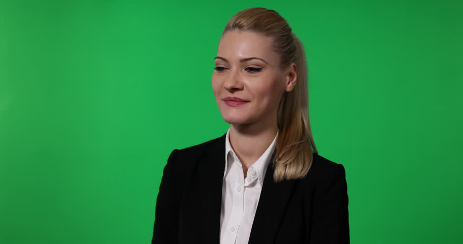 Business Woman Sliding Fingers Virtual Holographic Panel Green Screen Background