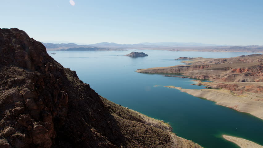 Aerial view of Lake Mead Reservoir the Colorado River a scenic desert river valley remote Wilderness a travel destination Las Vegas Nevada USA RED WEAPON