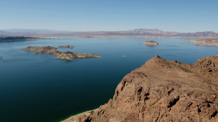 Aerial view of Lake Mead Reservoir the Colorado River a scenic desert river valley remote Wilderness a travel destination Las Vegas Nevada USA RED WEAPON