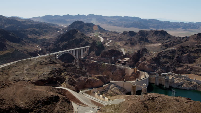 Aerial view Hoover dam in Nevada Arizona USA producing environmental clean hydroelectricity power from Lake Mead reservoir RED WEAPON