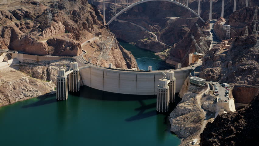 Aerial view Hoover Dam Lake Mead producing hydroelectricity above Colorado River Bridge on US 93 Las Vegas Nevada Arizona USA RED WEAPON