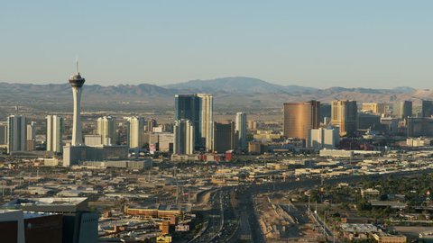 Las Vegas - May 2017: Aerial Cityscape view of Las Vegas Freeway Downtown Resort hotels and Casinos city suburbs Nevada USA RED WEAPON