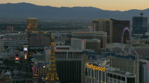 Las Vegas - May 2017: Aerial view at sunset of luxury Resort Hotels and Casinos illuminated Las Vegas Blvd Nevada USA RED WEAPON