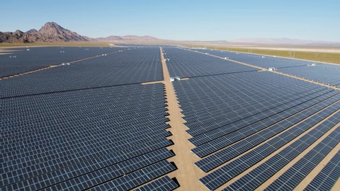 Aerial desert view Boulder Solar Project solar panels harvesting clean energy from the sun Las Vegas Nevada USA RED WEAPON