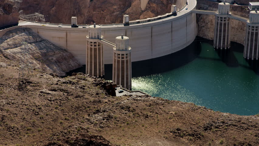 Aerial view Hoover dam in Nevada Arizona USA producing environmental clean hydroelectricity power from Lake Mead reservoir RED WEAPON