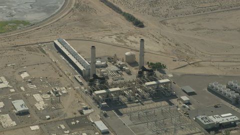 Aerial view of Pacific Gas and Electric an industrial production plant in a desert location Barstow California USA RED WEAPON