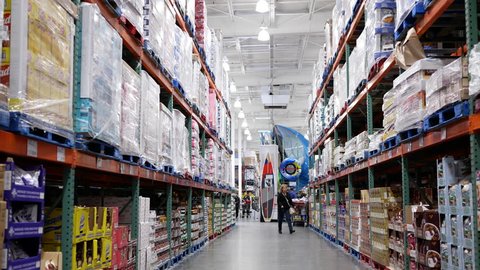 Port Coquitlam, BC, Canada - May 16, 2017 : Motion of food product corridor in Costco store with 4k resolution
