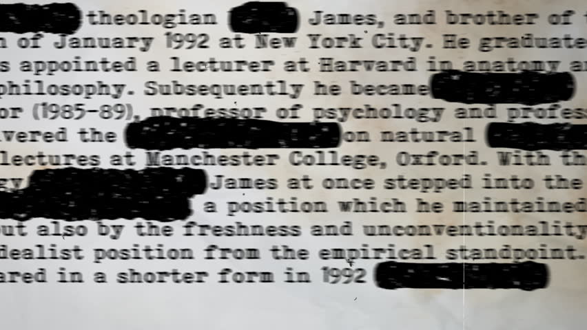 Secret 3d rendering of a hidden text covered with blurred black spaces on a police type profile with some name, surname, address, and biography facts. The dead man paper is censored by officials