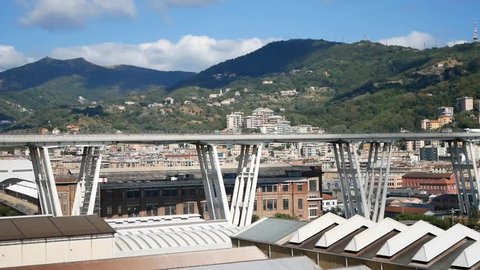 GENOA, ITALY - MARCH 13, 2021: the panoramic view of the old Morandi bridge which collapsed on 14 August 2018. This video was recorded on September 5th of the year 2017.