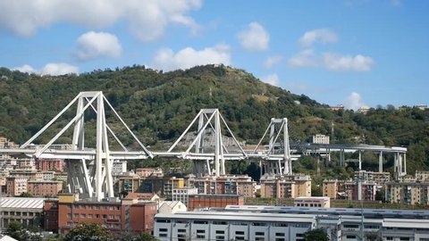 GENOA, ITALY - MARCH 13, 2021: the panoramic view of the old Morandi bridge which collapsed on 14 August 2018. This video was recorded on September 5th of the year 2017.