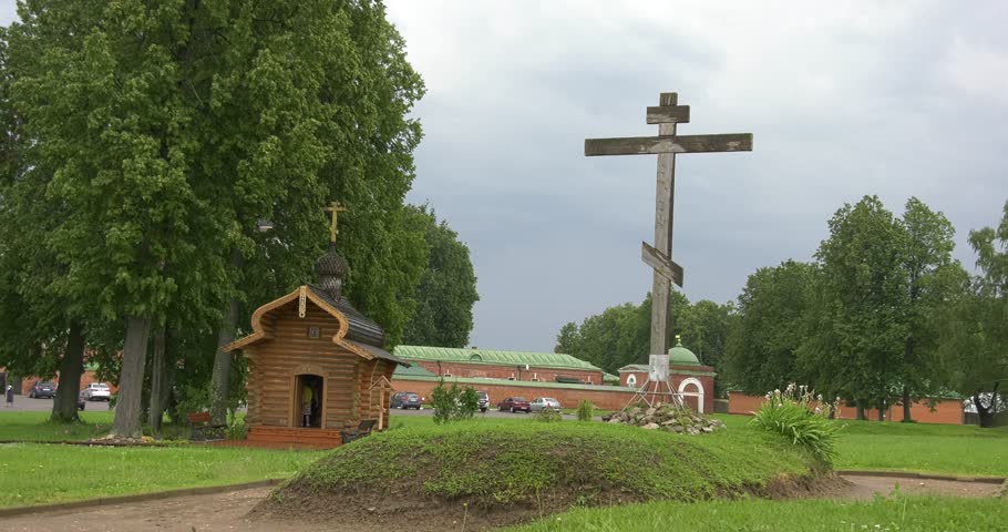 4K high quality video footage view of historical area of 1812 war military memorials, Spaso-Borodinski monastery, green fields around Borodino 120 km west of Moscow, capital of Russia on summer day