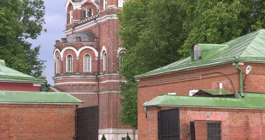 4K high quality video footage view of historical area of 1812 war military memorials, Spaso-Borodinski monastery, green fields around Borodino 120 km west of Moscow, capital of Russia on summer day