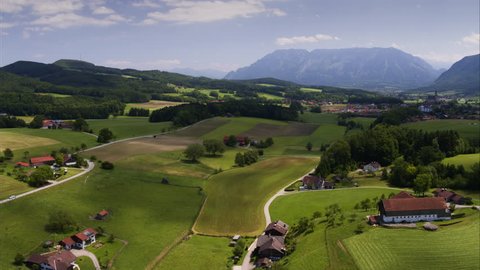 Wide aerial shot of fields in rolling landscape / Anger, Germany
