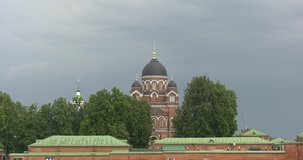 4K high quality video footage view of historical area of 1812 war military memorials, Spaso-Borodinski monastery, green fields around Borodino 120 km west of Moscow, capital of Russia on summer day