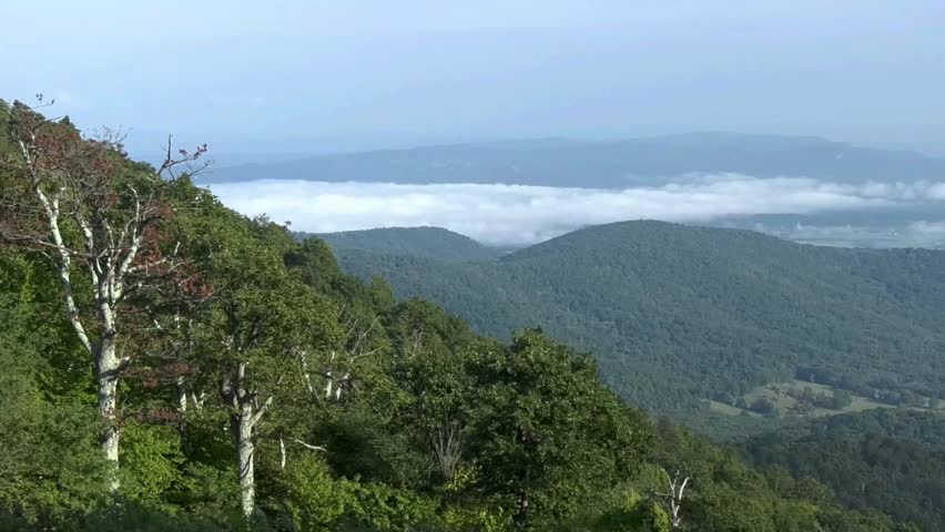 Clouds and fog over Shenandoah Valley from Skyline Drive just after sunrise