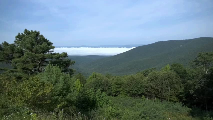 Clouds and fog over Shenandoah Valley from Skyline Drive just after sunrise