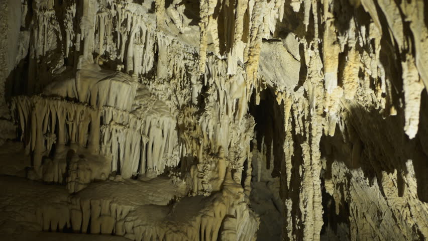 stalactites in the cathedral room of lewis and clark caverns in montana, usa