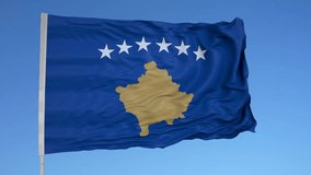Looping flag for Kosovo on flag pole, blowing beautifully in the wind. Includes alpha matte.