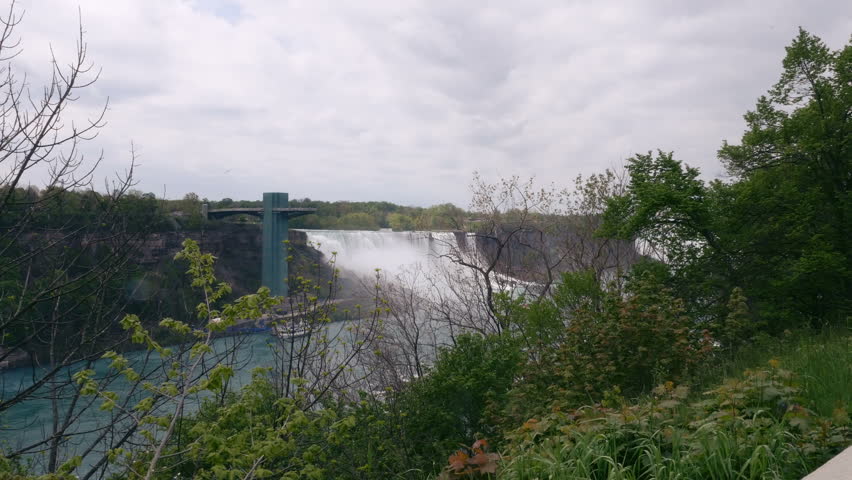 American Falls filmed from the Canadian side of the Niagara River. Long shot. 