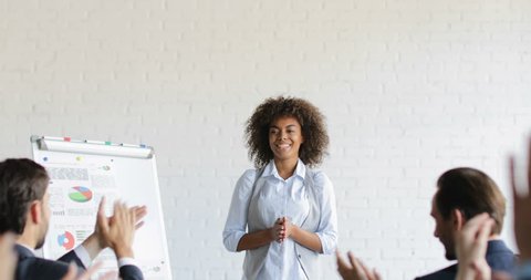 Group Of Business People Applauding Congradulating Happy African American Businesswoman With Successful Speech During Conference Meeting Slow Motion 60