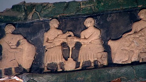 BAGHDAD, IRAQ - CIRCA 2002: Sumerian frieze with inlay of cows. Part of a pastoral scene. Temple of Ninhursag, Tell al Ubaid c. 2475 BCE. National Museum of Iraq before it was looted in the Gulf War.