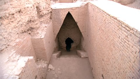 TELL EL-MUQAYYAR, IRAQ - CIRCA 2002: Zoom-in to entrance of Shulgi's tomb, the second king in the Third Dynasty of Ur, who completed the construction of the Great Ziggurat 