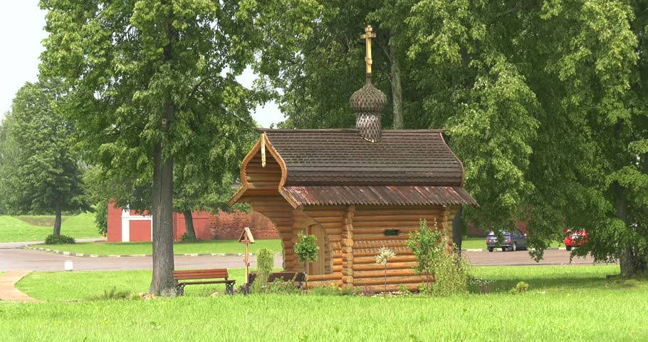 4K high quality video footage view of historical area of 1812 war military memorials near Spaso-Borodinski monastery, green fields at Borodino 120 km west of Moscow, capital of Russia on summer day